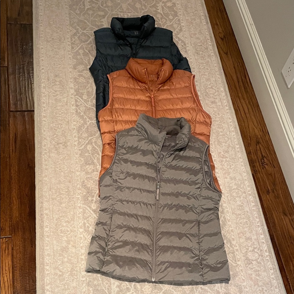Uniqlo Women's Puffer Vest Trio - Teal, Burnt Orange, Gray, Size S